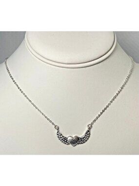 Silver Tone Winged Heart Necklace Angel Wings Romantic Pendant Jewelry Fairycore